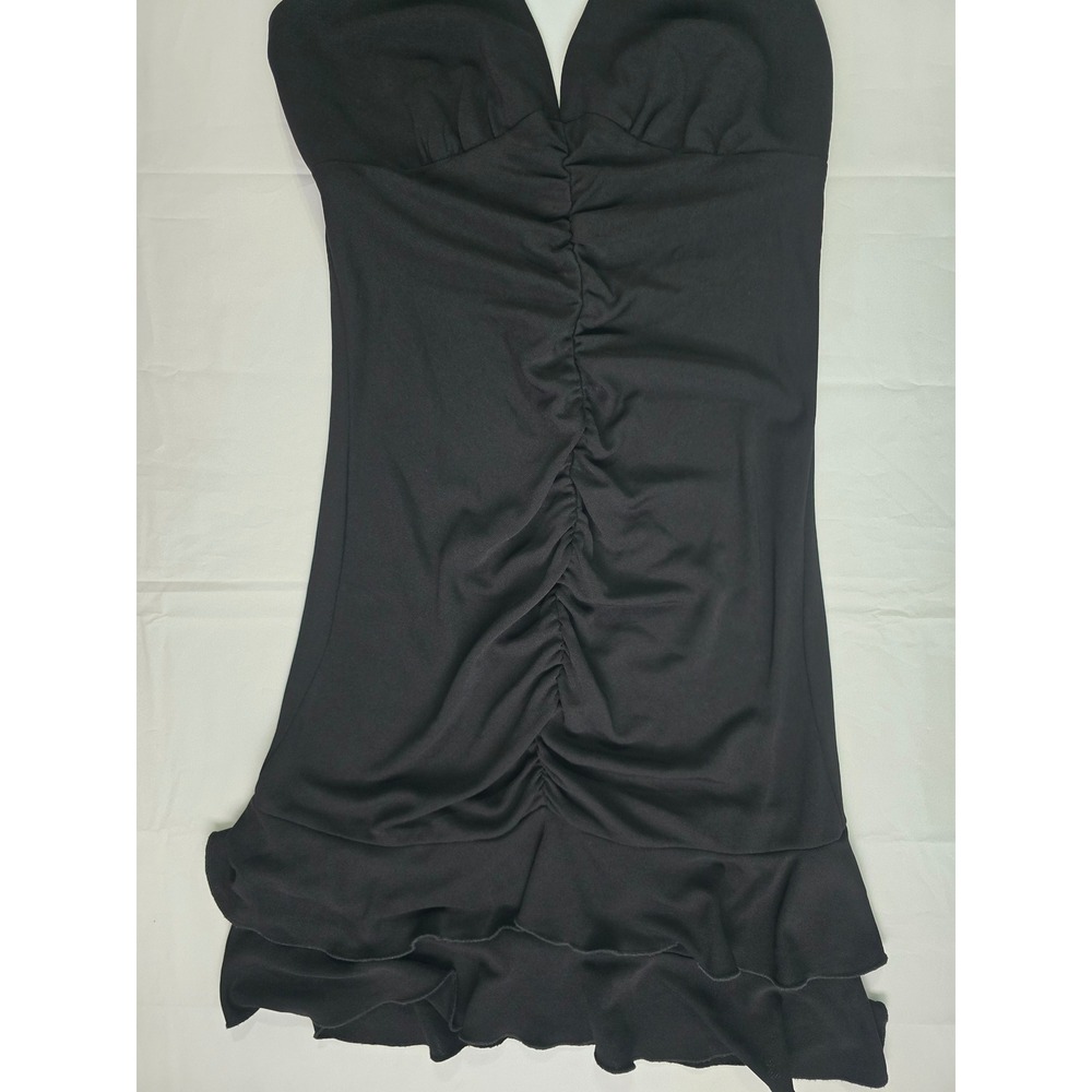 ABS by Allen Schwartz Black Halter Mini Dress Ruched Ruffle Hem Petite 388YU05 - Picture 3 of 16